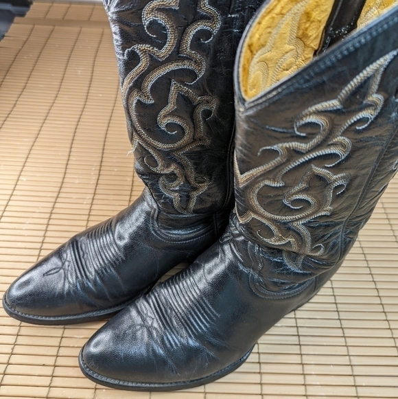 Rudel Boots men\'s sz 10D black leather Western Cowboy boots. Repair spot on left main image 6
